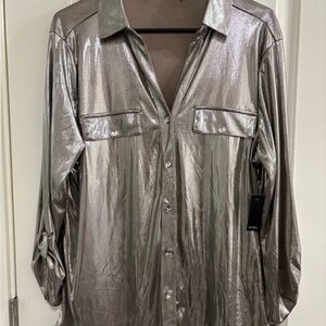 Cure Women’s Metallic Silver Casual Button Down Shirt NWT